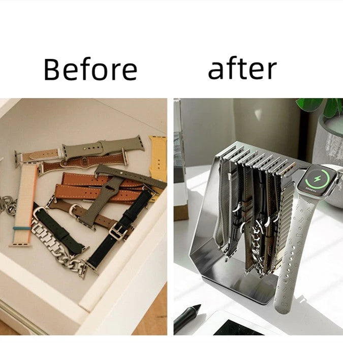 Watch strap storage bracket with charging base