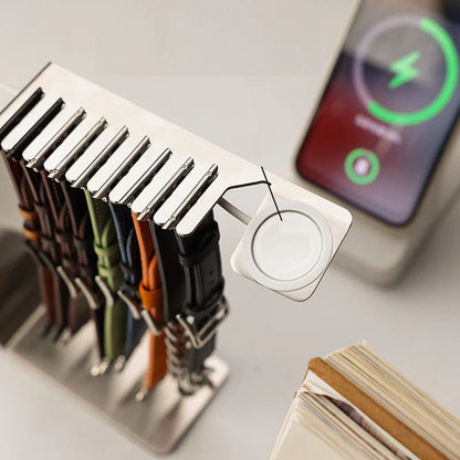 Watch strap storage bracket with charging base