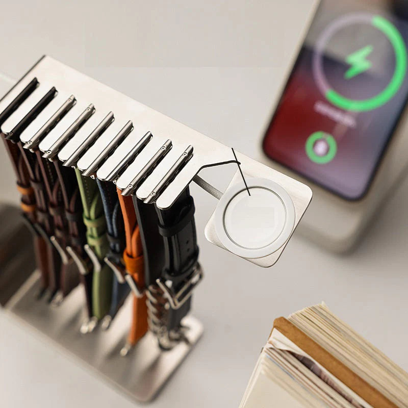 Watch strap storage bracket with charging base