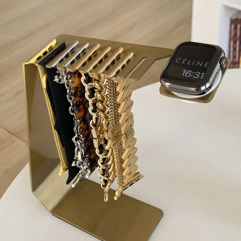 Watch strap storage bracket with charging base