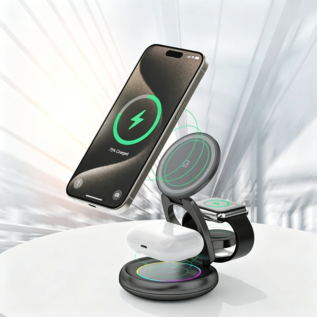 3 in 1 Foldable Magnetic Wireless Charger with RGB Ambient Light